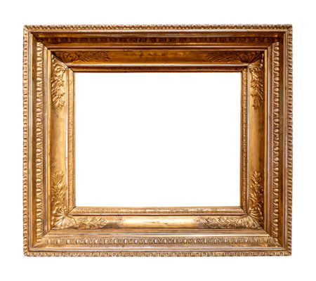 old horizontal very wide golden picture frame cutout on white backgroundの写真素材