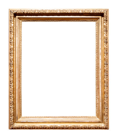 old vertical golden picture frame cutout on white backgroundの写真素材