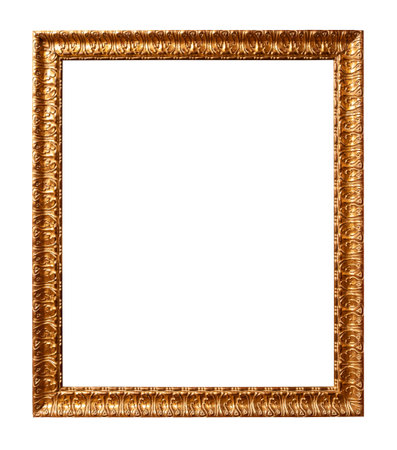 old vertical carved golden picture frame cutout on white backgroundの写真素材