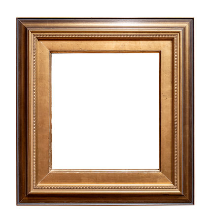 old vertical wide flat brown picture frame cutout on white backgroundの写真素材