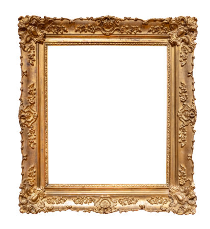wide vertical baroque golden picture frame cutout on white backgroundの写真素材