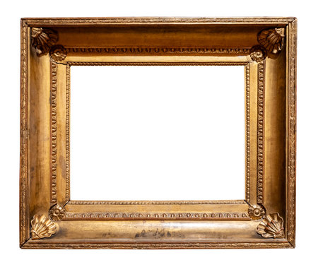 horizontal wide old golden picture frame cutout on white background