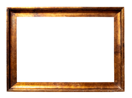 old horizontal common golden picture frame cutout on white background