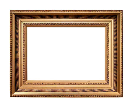 retro wide horizontal classic golden picture frame cutout on white backgroundの写真素材