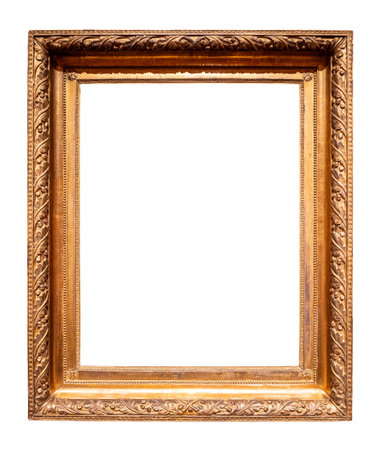 vintage vertical golden carved painting frame cutout on white backgroundの写真素材