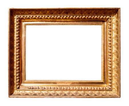 retro wide horizontal carved golden picture frame cutout on white backgroundの写真素材