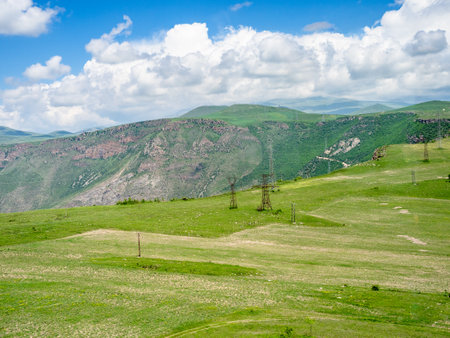 aerial view of mountain plateau between villages of Tatev and Halidzor from Wings of Tatev funicular on sunny May day in Syunik Province of Armeniaの写真素材