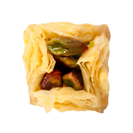 top view of piece of layered baklava with pistachio nuts cut out on white backgroundの写真素材
