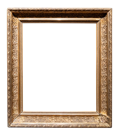 retro vertical wide golden painting frame cutout on white background