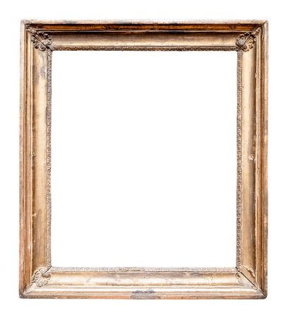 antique vertical shabby wooden picture frame cutout on white backgroundの写真素材