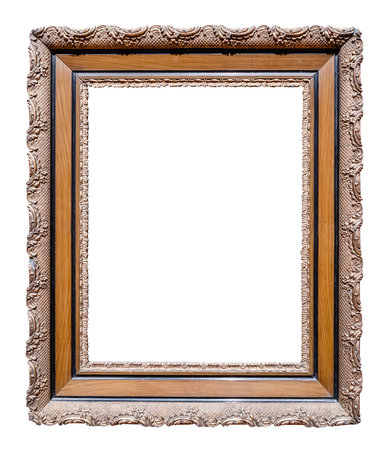 old vertical carved silver and wooden brown picture frame cutout on white backgroundの写真素材