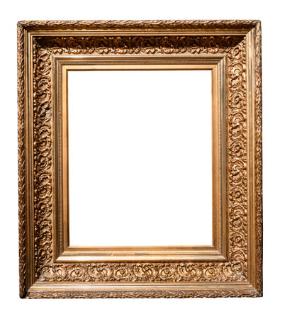 antique vertical very wide dark golden carved picture frame cutout on white backgroundの写真素材