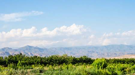 panoramic view of roadside of E117 highway in Ararat province of Armenia on sunny May dayの写真素材