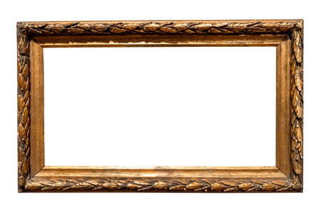 retro long horizontal shabby golden carved painting frame cutout on white backgroundの写真素材