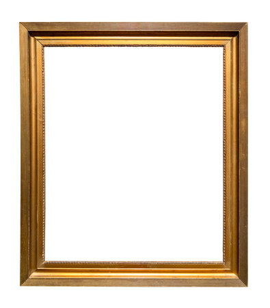 old vertical simple golden wooden picture frame cutout on white background