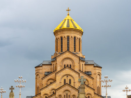 dome of Holy Trinity Cathedral (Sameba) of Tbilisi city on overcast summer day, Georgia
