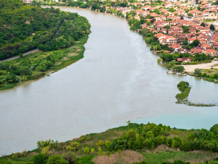 above view of water of Kura river near Mtskheta city from Jvari Monastery, Georgia on summer morningの写真素材