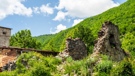 ruins of ancient svan tower in Mestia town in Samegrelo-Zemo Svaneti province of Georgia on sunny summer dayの写真素材