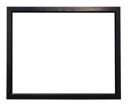 blank old horizontal flat narrow black painting frame with cutout canvas isolated on white backgroundの写真素材