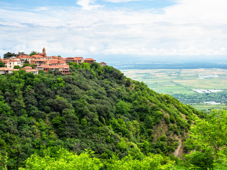 above view of Signagi town on top of mount and Alazani valley in background on summer morning, Georgiaの写真素材