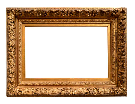 blank baroque horizontal wide golden picture frame with cutout canvas isolated on white backgroundの写真素材