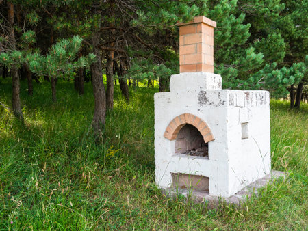 ancient Russian stove on green meadow near forest on summer dayの写真素材