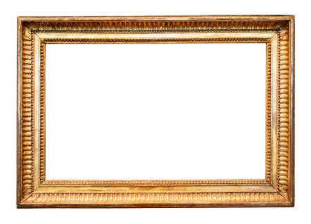 blank ancient long horizontal wide golden painting frame with cutout canvas isolated on white backgroundの写真素材