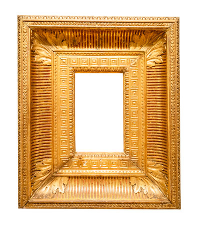 blank baroque vertical very wide golden painting frame with cutout canvas isolated on white backgroundの写真素材