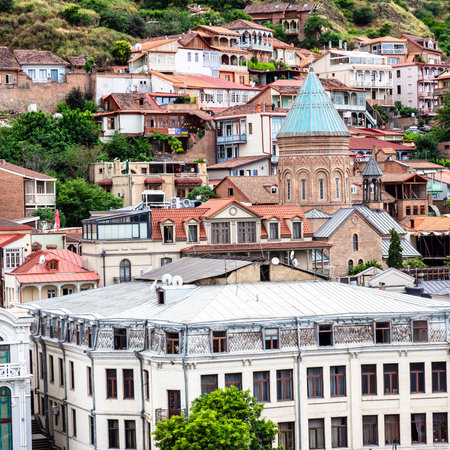 view of old church St George Cathedral in Sololaki district of old Tbilisi city on overcast summer...