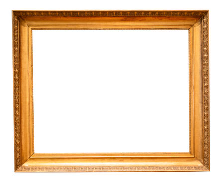 blank vintage horizontal golden picture frame with cut out canvas isolated on white backgroundの写真素材