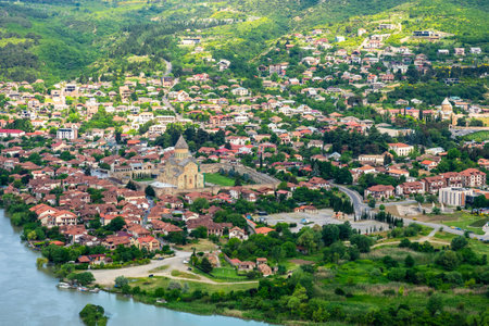 above view of Mtskheta city from Jvari Monastery, Georgia on summer morningの写真素材