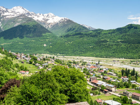 above view of mountain valley with Mestia townlet and Mulkhra river from svan tower in in...