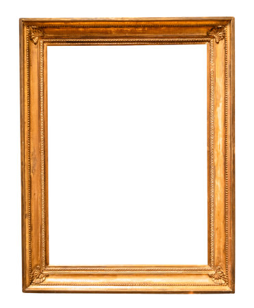 blank vintage vertical golden picture frame with cut out canvas isolated on white backgroundの写真素材