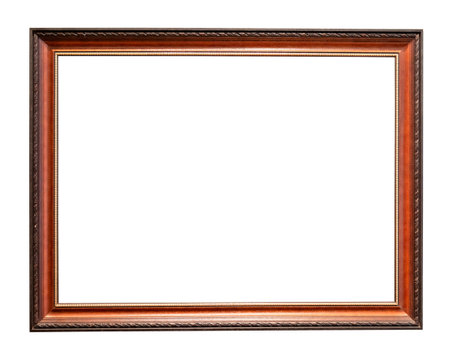 blank retro horizontal narrow simple brown picture frame with cutout canvas isolated on white backgroundの写真素材