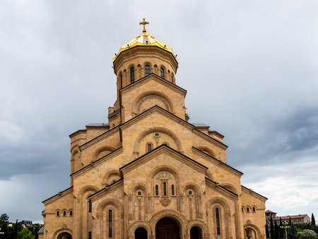 edifice of Holy Trinity Cathedral (Sameba) of Tbilisi city on overcast summer day, Georgia