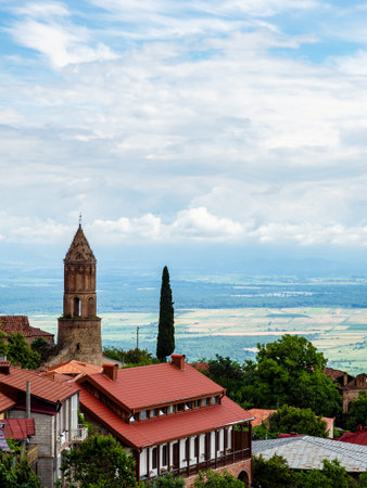above view of Alazani plain from Sighnaghi town in summer morning, Georgia