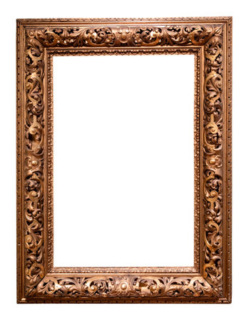 blank antique vertical wide carved bronze picture frame with cutout canvas isolated on white backgroundの写真素材