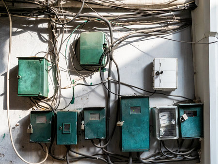 Electricity meters on outdoor wall in courtyard of urban house in old Batumi city, Georgia on summer dayの写真素材