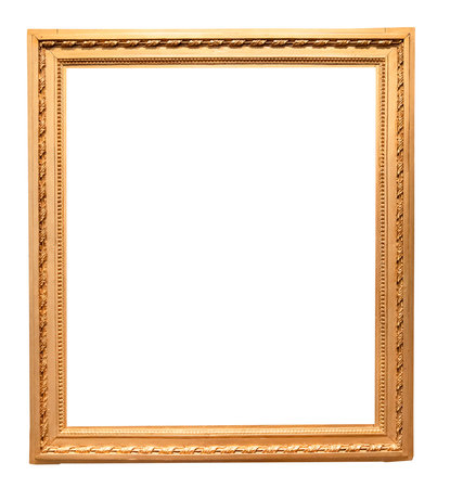 blank old vertical golden painting frame with cutout canvas isolated on white backgroundの写真素材