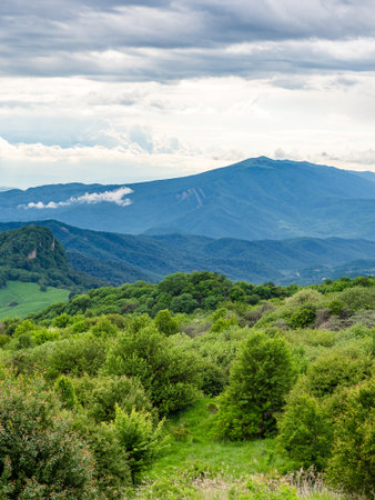 view of mount top from Gombori Mountain pass in Kakheti region between Telavi and Tbilisi cities in summer evening, Georgiaの写真素材