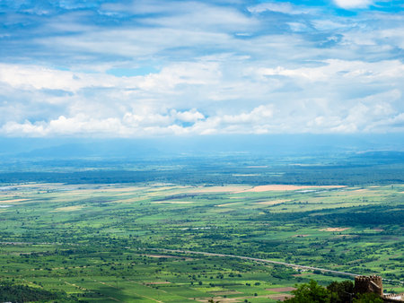 above view of green Alazani plain from Signagi town in summer morning, Georgiaの写真素材