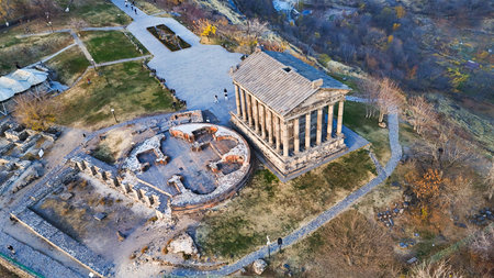top view of Garni Temple in Azat Gorge in Kotayk region of Armenia on sunny autumn eveningの写真素材