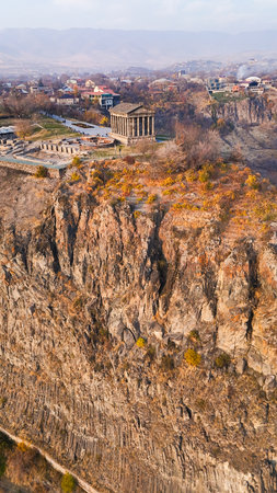aerial view of Azat Gorge and Garni Temple in Kotayk region of Armenia on sunny autumn eveningの写真素材