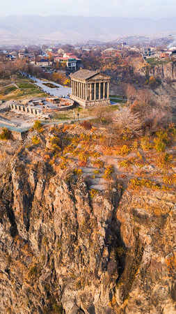 top view of Azat Gorge and Garni Temple in Kotayk region of Armenia on sunny autumn eveningの写真素材