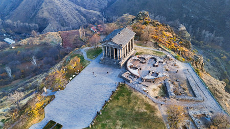 aerial view of Garni Temple in Azat Gorge in Kotayk region of Armenia on sunny autumn eveningの写真素材