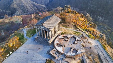 above view of Garni Temple in Azat Gorge in Kotayk region of Armenia on sunny autumn eveningの写真素材