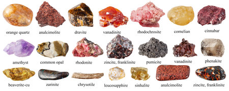set of pink and brown natural rocks with names cutout on white background (leucosapphire, analcime,...