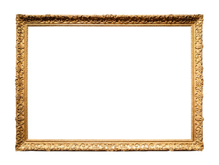 horizontal golden narrow carved picture frame cutout on white background