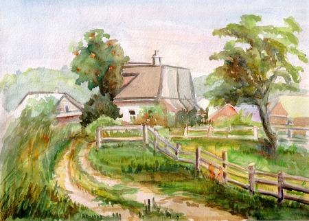 Summer landscape with a fructifying apple-treeの写真素材