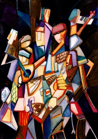The covered table and people round it  A party, abstractionの写真素材